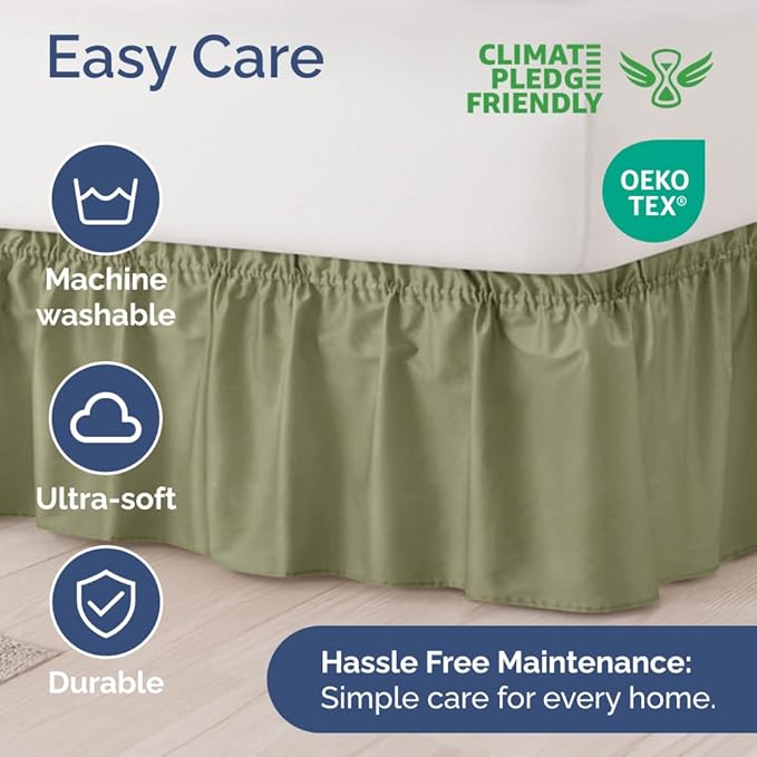 Wrap Around Dust Ruffle Bed Skirt - Sage Green - for Queen Size Beds w/ 16 Inch Drop - Easy Fit Elastic Strap - Adjustable Pleated Bedskirt with Brushed Fabric, Wrinkle Free Women, Men, Kids and Teens