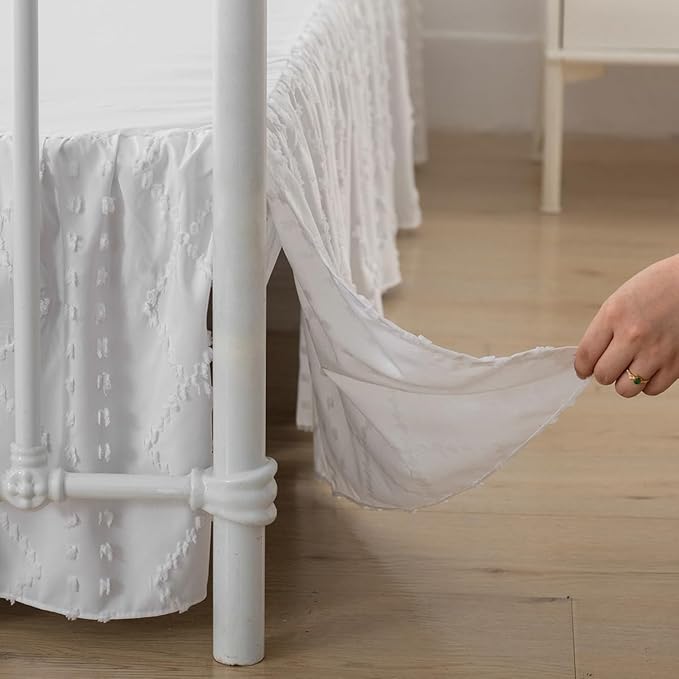 Bed Skirt Full Size Ruffled Bed Skirt with Split Corners, 12 Inch Drop Dust Ruffle Bed Skirts with Platform, Boho Tufted Shabby Chic Full Size Bed Skirts, White