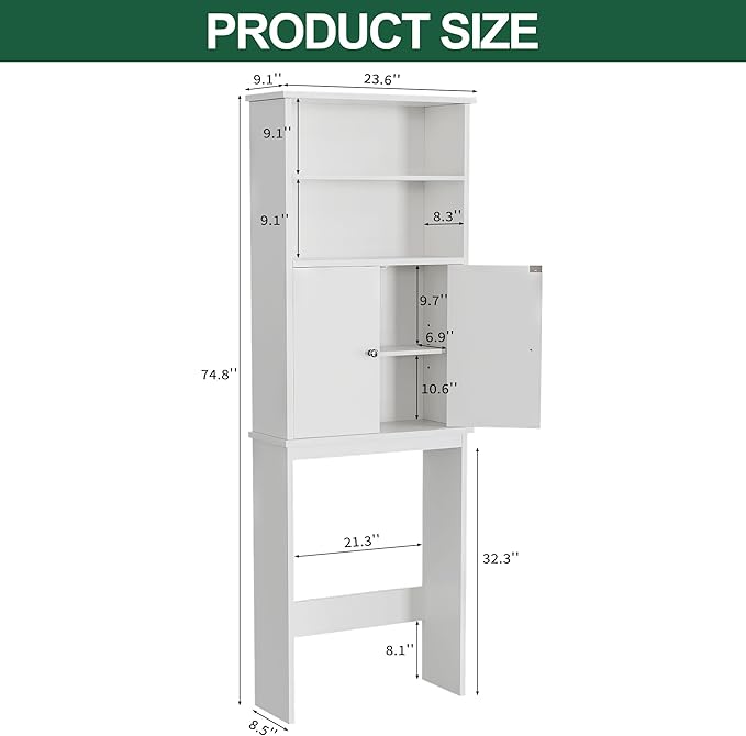 Walsunny Over The Toilet Storage Cabinet, Bathroom Organizer with Open Shelves and Double Doors, Space Saving Toilet Storage, White