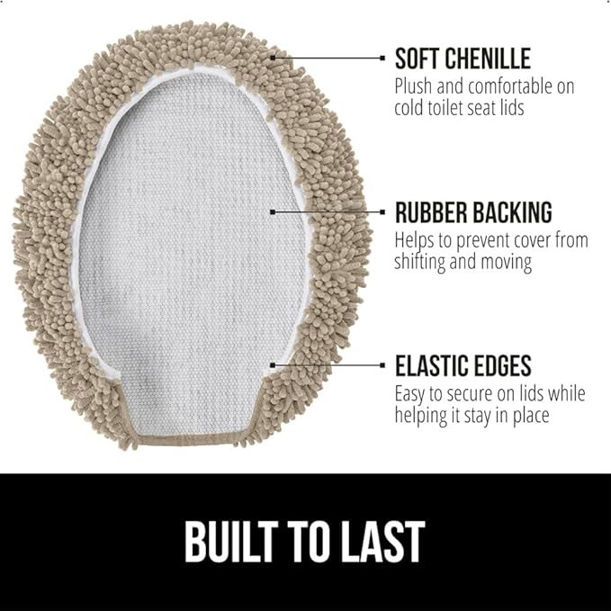 GORILLA GRIP Soft Chenille Bathroom Toilet Lid Cover, Machine Washable Seat Covers, 19.5x18.5, Stays in Place Rubber Backing, Fits Most Round, Elongated and Oblong Lids, Accessories Decor, Gray Beige
