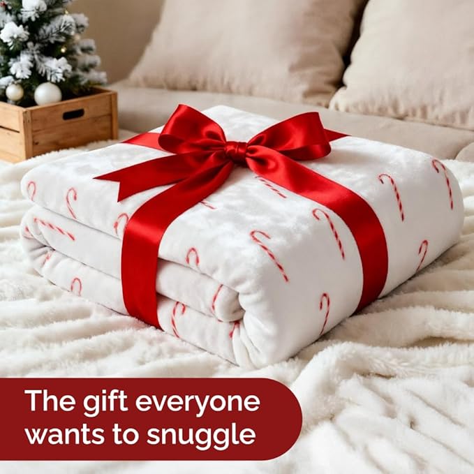 Christmas Sherpa Blanket Throw Size - Reversible Sherpa Fleece Blanket - Super Soft Double Sided Throw for Bed, Sofa, Couch - Thick, Warm, Soft & Plush - Cozy Xmas Winter Bedding - Candy Cane, 50x60