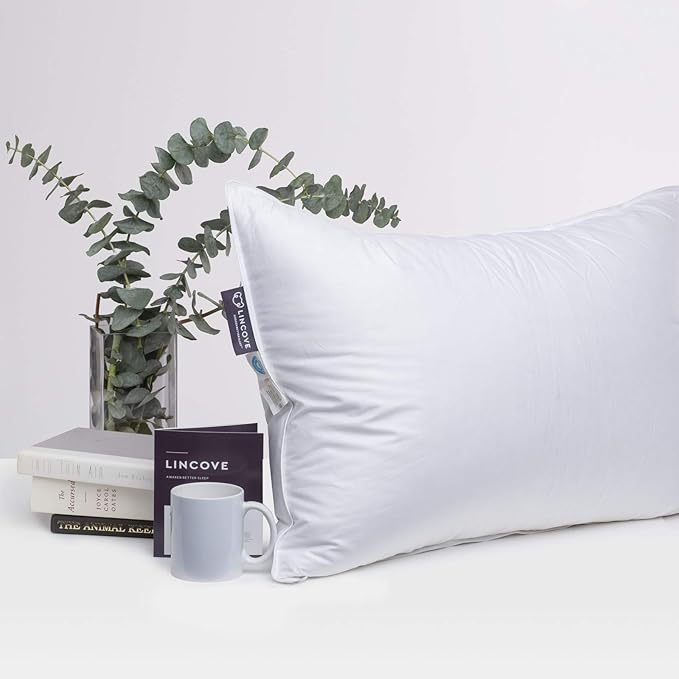 Lincove Recreation Sleeping Pillow, Filled with Premium Down, 600 Fill Power – Includes A Pillow Protector, 400 Thread Count Pillow Shell, Standard - Soft, 2 Pack