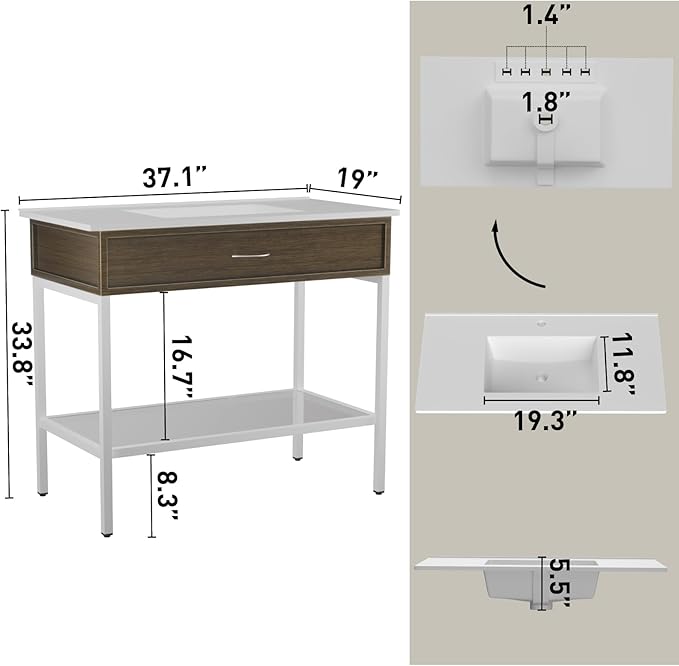 36 Inches Bathroom Vanity with Resin Sink, Single Sink Modern Cabinet Set, Stainless Steel Frame with Tempered Glass Open Shelf, Freestanding Bathroom Storage Cabinet Combo, White