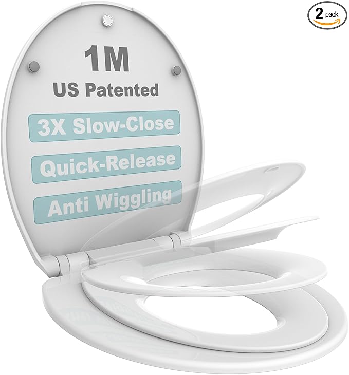 1M Family Toilet Seat, Patented Slow Close & Quick Releasing Technology, Anti-Wiggling, Easy to Install and Clean, Standard Round with Toddler Seat Built In (2 Pieces)