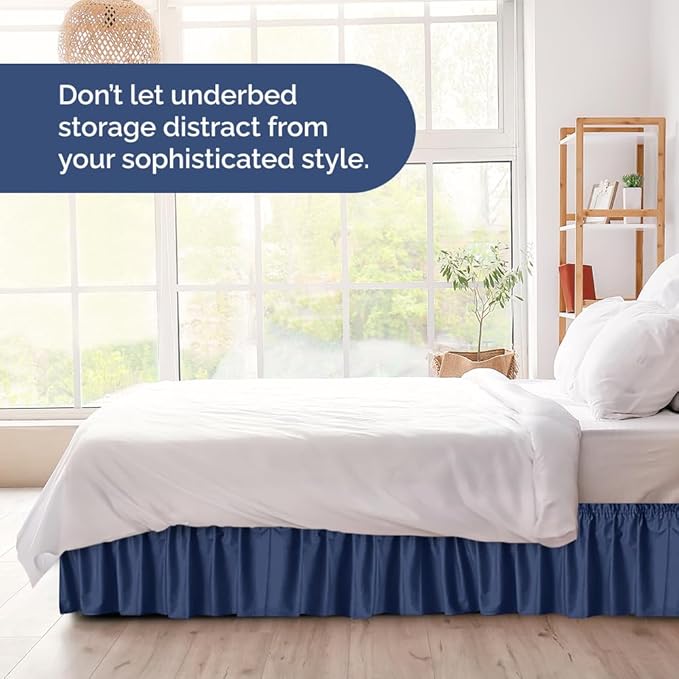 Wrap Around Dust Ruffle Bed Skirt - Navy Blue - for King Size Beds w/ 16 Inch Drop - Easy Fit Elastic Strap - Adjustable Pleated Bedskirt with Brushed Fabric, Wrinkle Free Women, Men, Kids and Teens