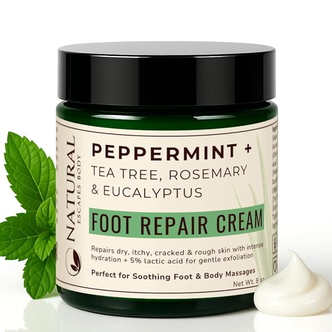 Natural Escapes Peppermint, Rosemary, Eucalyptus & Tea Tree Oil Foot Cream for Dry Feet, Cracked Heels, Calluses, Athlete's Foot - Heel Repair Cream for Women & Men (8 oz)