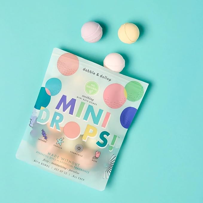 Dabble & Dollop Mini Bath Bombs, 100% Natural Droplets for Kids, Soothing Scents - Resealable Pouches, Fizzy, Moisturizing & Fun, Vegan, Gluten-Free, Cruelty-Free (Set of 24)