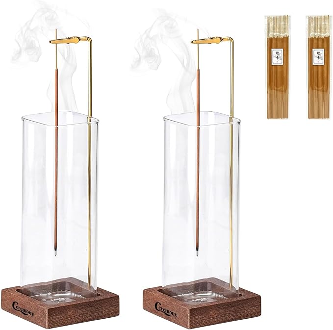 Ceremony Incense Holder，2 Pack Wood Incense Holder for Sticks with Glass Ash Catcher，Incense Burner for Meditation Yoga Spa Room Decor