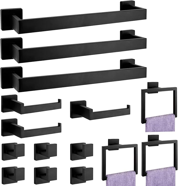 Bathroom Accessories Towel Bar Set: 15 Pieces Matte Black Bathroom Hardware Square SUS304 Stainless Steel - Wall Mounted Towel Rack&Toilet Paper Holder&Towel Ring and Towel Hook