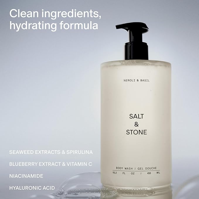 Salt & Stone Body Wash for Women & Men | Neroli & Basil | Hydrating Gel Cleanser | Clean & Soften Skin | Made with Niacinamide & Hyaluronic Acid | Free From Parabens, Sulfates & Phthalates 15.2 fl oz