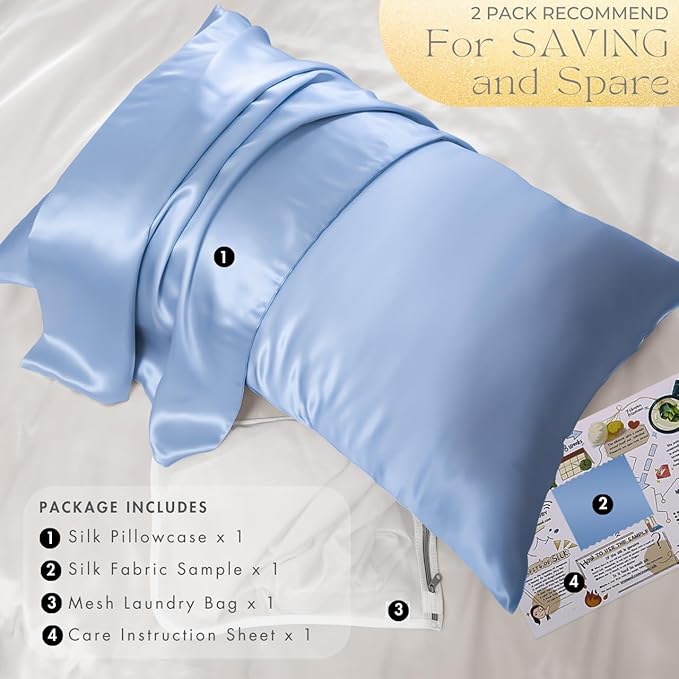 PROMEED Natural 23 Momme Silk Toddler Pillowcase for Baby Hair and Skin, Fits Pillow 13x18, Both Sides 100% Mulberry Silk Baby Travel Pillow Cases with Laundry Bag (Toddler/Travel-13 x18, Light Blue)
