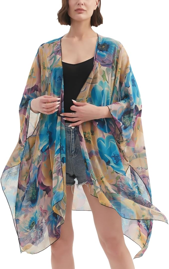 Women's Bohemian Floral Chiffon Beach Cover up Swimsuit Kimono Summer Swimwear Cardigans