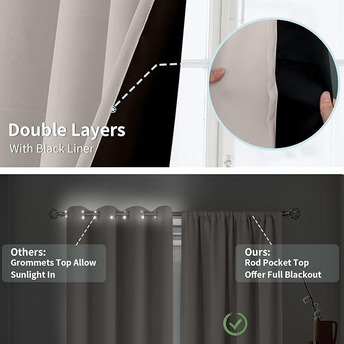 BGment Camel Blackout Curtains for Bedroom 63 Inch Length 2 Panels Set, Thermal Insulated Full Room Darkening Noise Canceling Living Room Curtains with Rod Pocket, Each Panel 52 Inch Wide, Cashmere