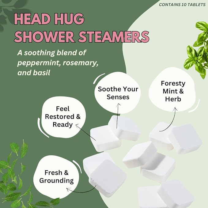 Head Hug Shower Steamers Aromatherapy for Relief - Christmas Gift - Adult Stocking Stuffer - USA Made - Peppermint & Rosemary Shower Bomb Tablets - Soothing Natural Essential Oils (10 Pack)