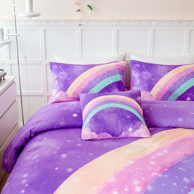 ANGIYUIN 6Pcs Gradient Purple Queen Size Comforter Set for Girls 3D Colorful Rainbow Galaxy Bed in A Bag Gradient Glitter Bedding Comforter Sets for All Season