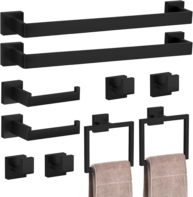 10-Pieces Matte Black Bathroom Accessories Set, 23.6 Inch Bath Towel Bar Set, SUS 304 Stainless Steel Bathroom Hardware Set, Towel Racks for Bathroom Wall Mounted.