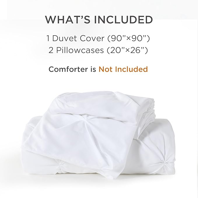 Litanika White Queen Pinch Pleat Duvet Cover, 3 Pieces Pintuck Cover Soft Microfiber Bedding Set with Zipper Closure & Corner Ties(90x90Inch-1 Duvet Cover, 2 Pillowcases)