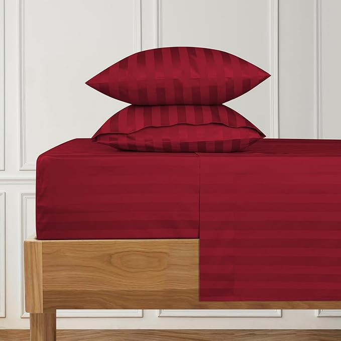 URBANHUT 1000 Thread Count Damask Striped King Bed Sheets Egyptian Cotton Sheet Set, Long Staple Soft & Breathable, 4 Pc Bed Sheet Sets, Luxury Hotel Sateen Sheets Fits 16" Deep Pocket - Burgundy