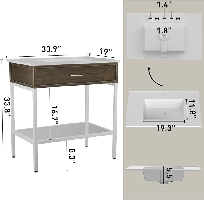 30 Inches Bathroom Vanity with Resin Sink, Single Sink Modern Cabinet Set, Stainless Steel Frame with Tempered Glass Open Shelf, Freestanding Bathroom Storage Cabinet Combo, White