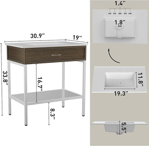 30 Inches Bathroom Vanity with Resin Sink, Single Sink Modern Cabinet Set, Stainless Steel Frame with Tempered Glass Open Shelf, Freestanding Bathroom Storage Cabinet Combo, White