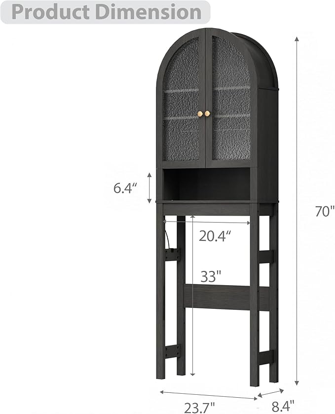 Over The Toilet Storage Cabinet, 23.7”W Modern Storage Cabinet Over Toilet with Rattan Doors, Arched Freestanding Over Toilet Rack with Adjustable Shelf for Bathroom, Dark Brown