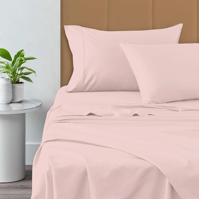 Pizuna Pure 100% Cotton Crisp Sateen Sheets - Full Size, Long Staple, 800 Thread Count, 15" Deep Pocket (Combed Light Pink Cotton Sheets)