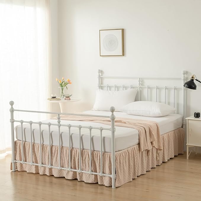 Tufted Dot Bed Skirt Queen Size Ruffled Bed Skirt with Split Corners, 14 Inch Drop Dust Ruffle Bed Skirts with Platform, Cream