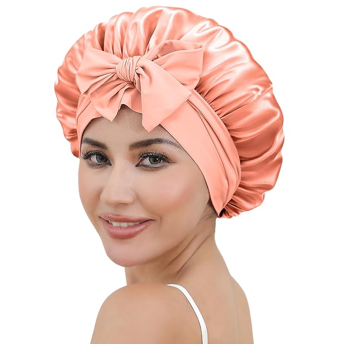 ZIMASILK 100% Mulberry Silk Bonnet for Sleeping Women Long Hair Double Layer Silk Hair Wrap with Tie Band Stay On Head (1Pc, Coral)