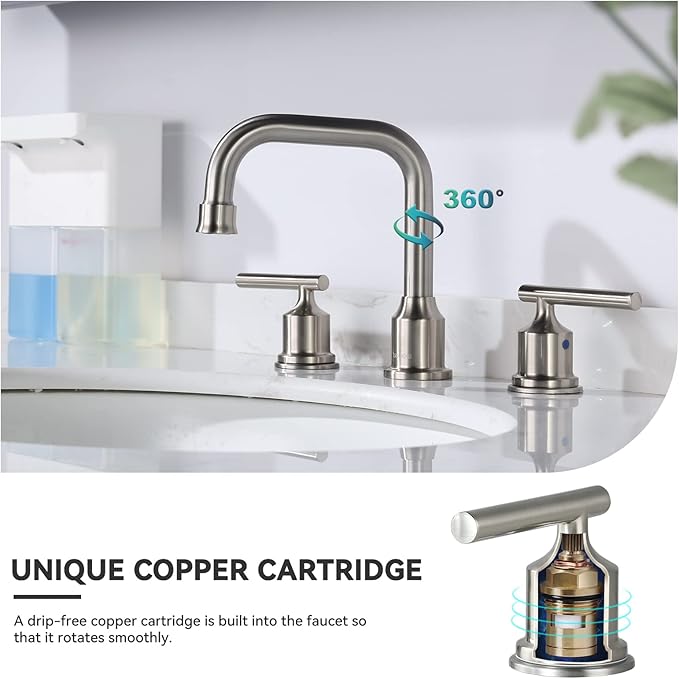 WOWOW 2 Handles 8 inch Widespread High Arc Bathroom Faucet Brushed Nickel Lavatory Faucet 3 Hole 360°Swivel Spout Modern Sink Basin Faucets
