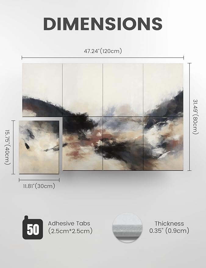 Wall Art Acoustic Panels,47''X31''Soundproof Wall Panels-8-Pack with 50 Adhesive Tabs, Decorative Sound Absorbing Panels for Living Room and Recording Studio, Offices-Silent Fjord