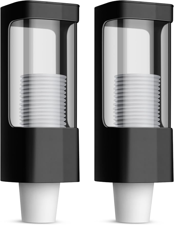 CHENGU 2 Pcs Cup Dispensers, Wall Mounted Pull Type Water Cup Holders for Water Cooler Fits 3-5 oz Small Adhesive Dispenser with Paste Plate for Home, Bathroom, Office, Hospital(Black)