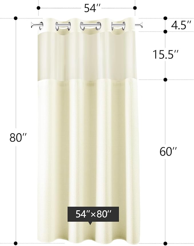 River Dream Cream Fabric Shower Curtain Set, Cotton Blend, Waffle Weave, with Snap in Replacement Liner，54 x 80 inches