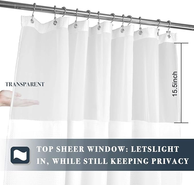 N&Y HOME Extra Long Waffle Weave Shower Curtain with Snap-in Fabric Liner Set, 12 White Hooks Included - 71" x 84", Hotel Style & Mesh Top, Machine Washable & Water-Repellent - 71x84, White