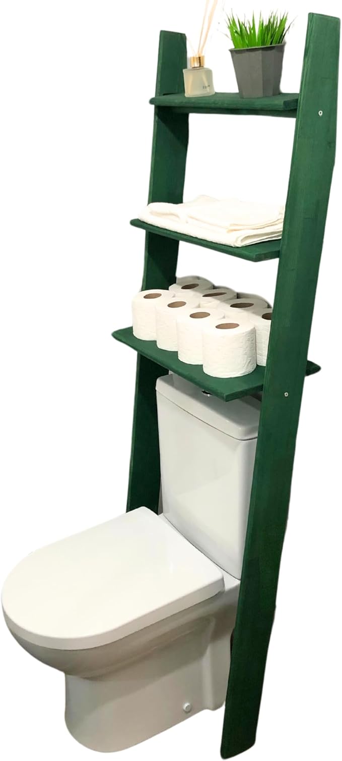 Over The Toilet Birch Wood Bathroom Organizer Shelves, 3-Tier Freestanding Above Toilet Storage Ladder Shelf, Standing Space Saver Behind Toilet Small Bathroom Organizer (Verde)