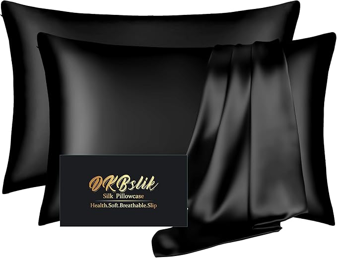 Silk Pillowcase 2 Pack, Mulberry Silk Pillow Cases Queen Size Set of 2, Anti Acne Silk Pillowcase for Hair and Skin, Natural Satin Pillowcases for Sleeping Women with Zipper, Black