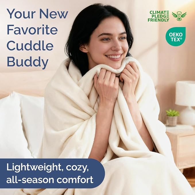 Ultra Soft Fleece Blanket Queen Size - Flannel Fleece Luxury Queen Blanket - Lightweight for Couch Bed Chair - Thick, Warm and Breathable - All Season Cozy Fuzzy, Anti-Static Microplush Bedding, Cream