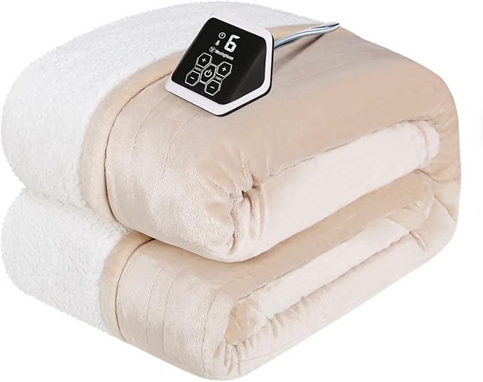 Westinghouse Full Size Heated Blanket, Soft Flannel & Sherpa, 10 Heating Levels, Auto Shut Off, Machine Washable, Beige, 72x84 Inch
