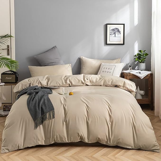 KAREVER Champagne Comforter Set King Beige Bedding Set Lightweight Women Soft Champagne Blanket 3 PCs Durable Light Khaki Colored Comforter Set King Breathable Bed Comforter Set