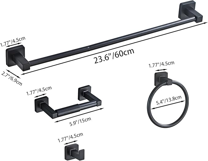 Matte Black Bathroom Hardware Set 4 Pieces,Bathroom Accessories Set Stainless Steel Wall Mounted, Hand Towel Bar, Towel Ring, Robe Towel Hooks,Toilet Paper Holder,Towel Bar Set, 23.6 Inch