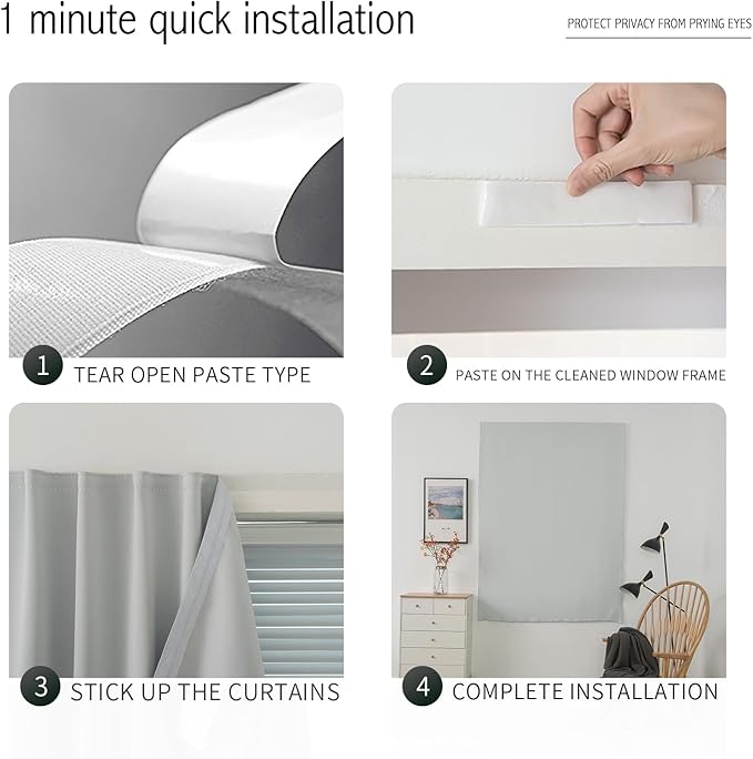 self Adhesive Curtains Portable Blackout Curtain Simple and Easy to Install Bedroom Window Thermal Lnsulated Kitchen Room Darkening Black Small Drapes, 59" W X 84" L, White, 1 Panel