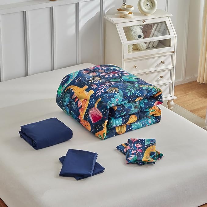 Wajade 7 Piece Dinosaur Comforter Set for Boys 3D Blue Dinosaur Print Bedding Set for Kids Teens Bed in A Bag Full Size (1 Comforter, 1 Flat Sheet, 1 Fitted Sheet, 2 Pillowcase and 2 Pillow Sham)