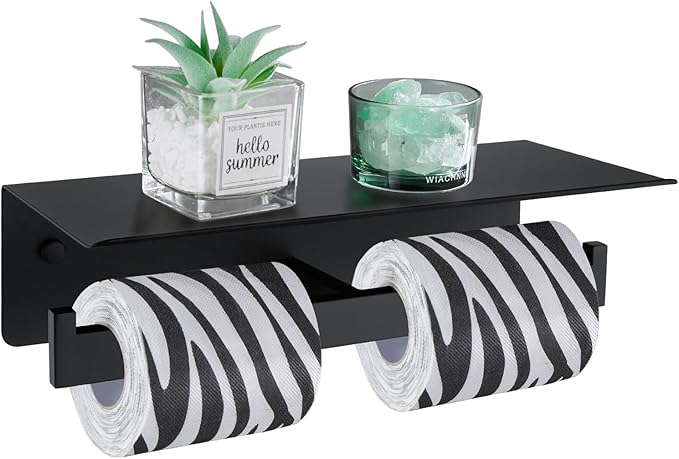 Angle Simple Matte Black Toilet Paper Holder with Shelf, 304 Stainless Steel Double Toilet Tissue Roll Holder for Wall