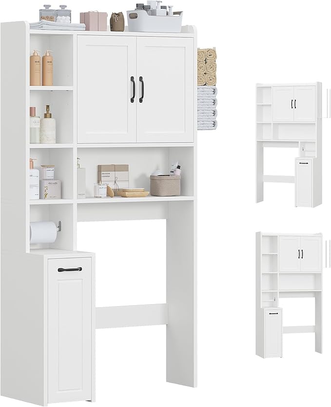 Over The Toilet Storage Cabinet with Pulley, Bathroom Cabinet, Space Saver W/Adjustable Shelf Rack for Bathroom, Restroom, Laundry (White-Type B)