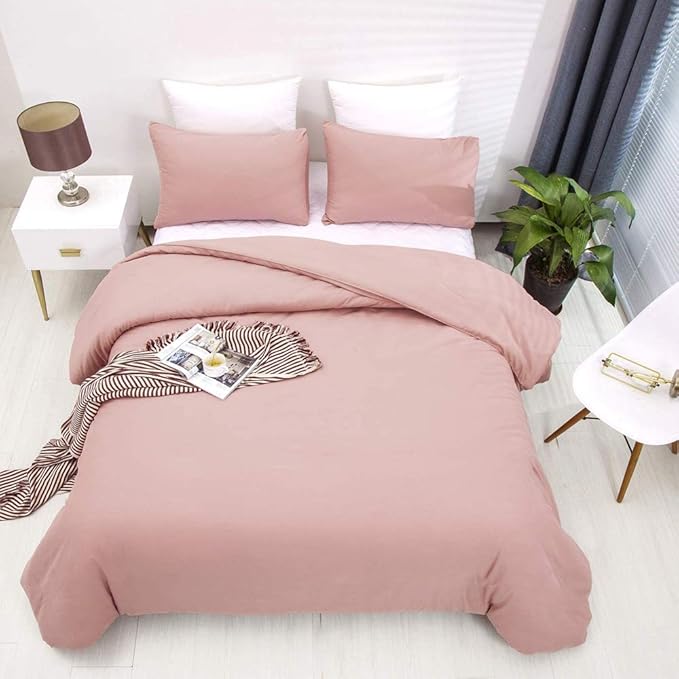 KAREVER Queen Blush Pink Cotton Comforter Set, 3 PCS Breathable Bedding with 2 Pillowcases, Fade-Resistant, Lightweight, Durable, Ideal for Gift