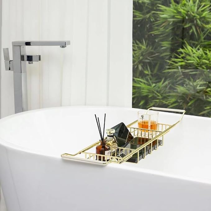 Stainless Steel Expandable Shower Bathtub Tray Over Tub Bath Caddy Expandable Bath Caddy for The Elegant Tub Chrome Polished (Gold)