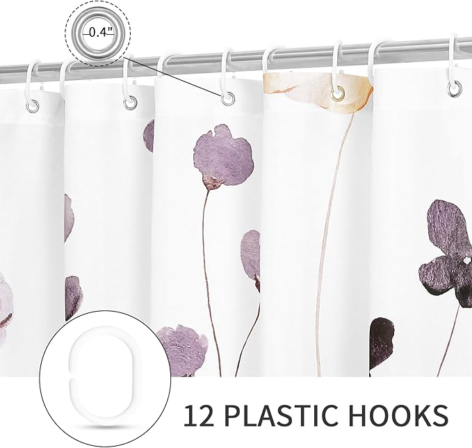Gibelle Watercolor Floral Shower Curtain, Plum Beige Flower Shower Curtain for Bathroom, Modern Minimalist White Waterproof Fabric Shower Curtain Set with Hooks 72x72 Inch