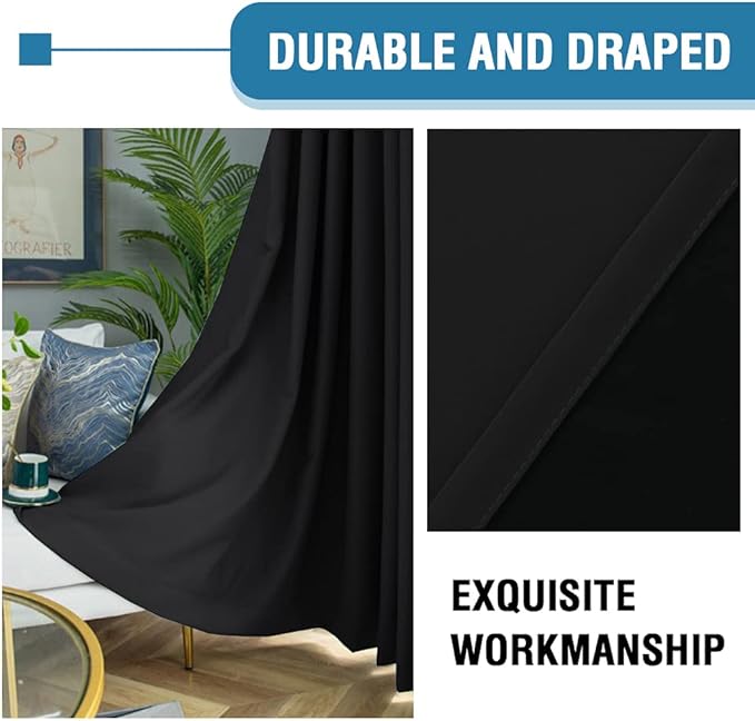 H.VERSAILTEX 100% Blackout Curtains for Bedroom Thermal Insulated Blackout Curtains 96 Inches Long Rod Pocket Window Drapes for Living Room with Black Liner 2 Panels Set, Jet Black