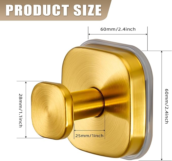 Suction Cup Hooks for Shower - Resuable Bathroom Hooks for Towels, Robes & Loofah - No-Drill Mounting on Kitchen,Walls,Metal,Glass,Mirrors,Tile & Smooth Non-Porous Surfaces (2, Brushed Gold)