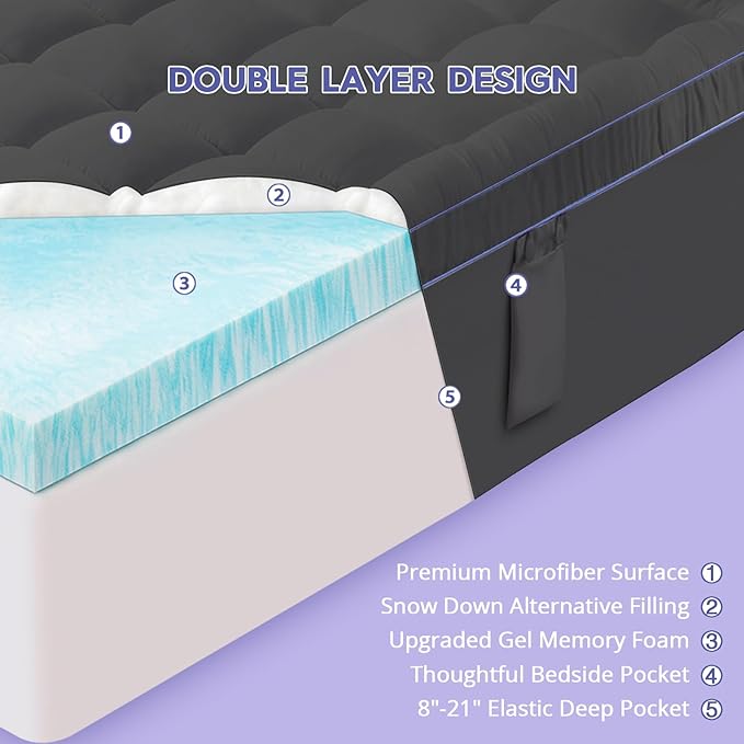 ABENE 3 Inch Dual Layer Memory Foam Mattress Topper Full, 2 Inch Memory Foam Plus 1 Inch Down Alternative Pillowtop Mattress Pad, with Bedside Pocket, Support for Back Pain (Full, Gray)