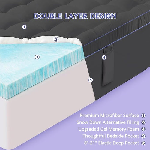 ABENE 3 Inch Dual Layer King Memory Foam Mattress Topper, 2 Inch Memory Foam Plus 1 Inch Down Alternative Pillowtop Mattress Pad with Deep Pocket, Soft Support for Pressure Relief, Gray